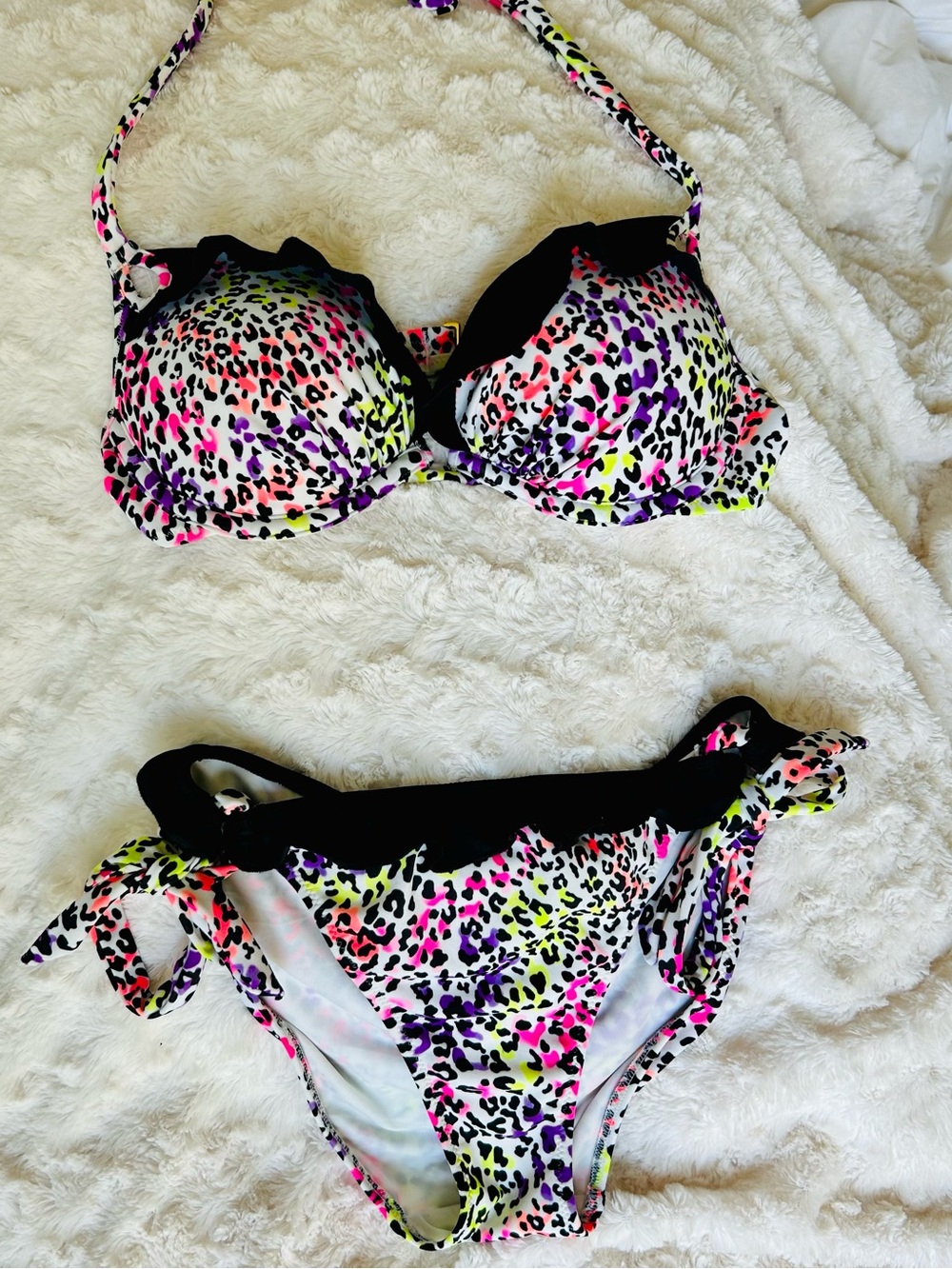 Y2K PINK Victoria's Secret Neon Leopard Print Bikini - Black Trim